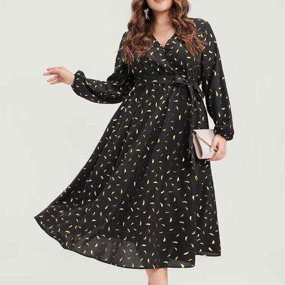 Size 22 - 24 • 3x • BloomChic • Dress Women Gold Feather Long Sleeve w/ Pockets - Picture 4 of 6